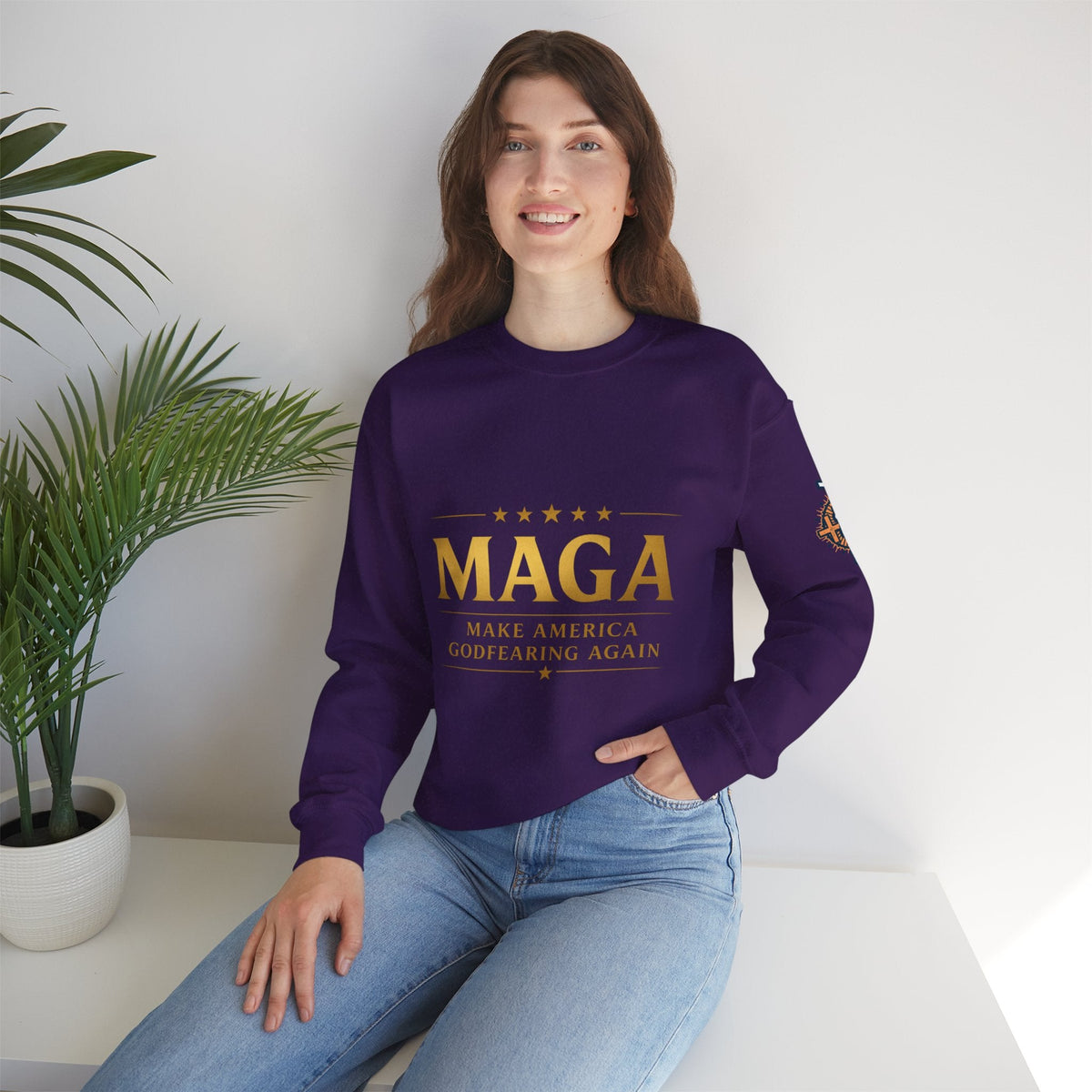Sweatshirt — "MAGA Make America Godfearing Again" Gold Logo Crewneck Printify