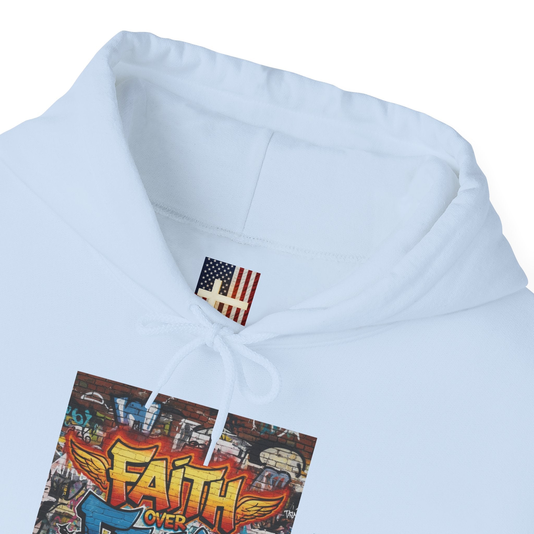 Faith Over Fear Hoodie – Graffiti Wall Christian Sweatshirt for Bold 2 Corinthians 5:7 Streetwear & Unshakable Faith Printify