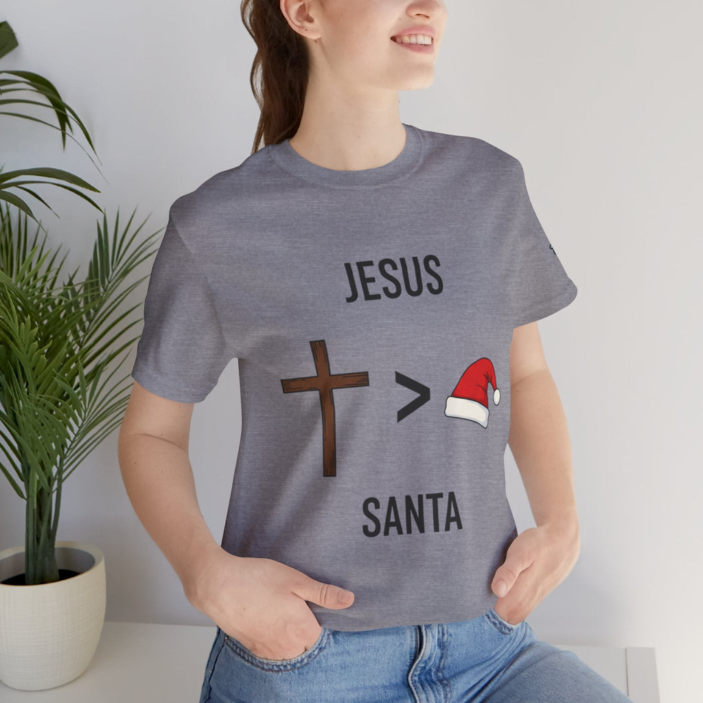 🎄 Jesus > Santa – Minimalist Christian Christmas T-Shirt | Bold Faith Over Holiday Tee | Cross vs Santa Hat Design | Uplifted Gear Printify