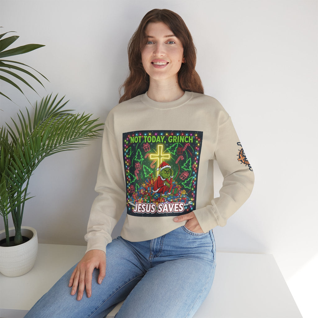 🎄 Not Today, Grinch – Jesus Saves | Funny Christian Christmas Sweatshirt | Festive Green & Red Cartoon Style | Bold Faith Holiday Tee by Uplifted Gear Printify