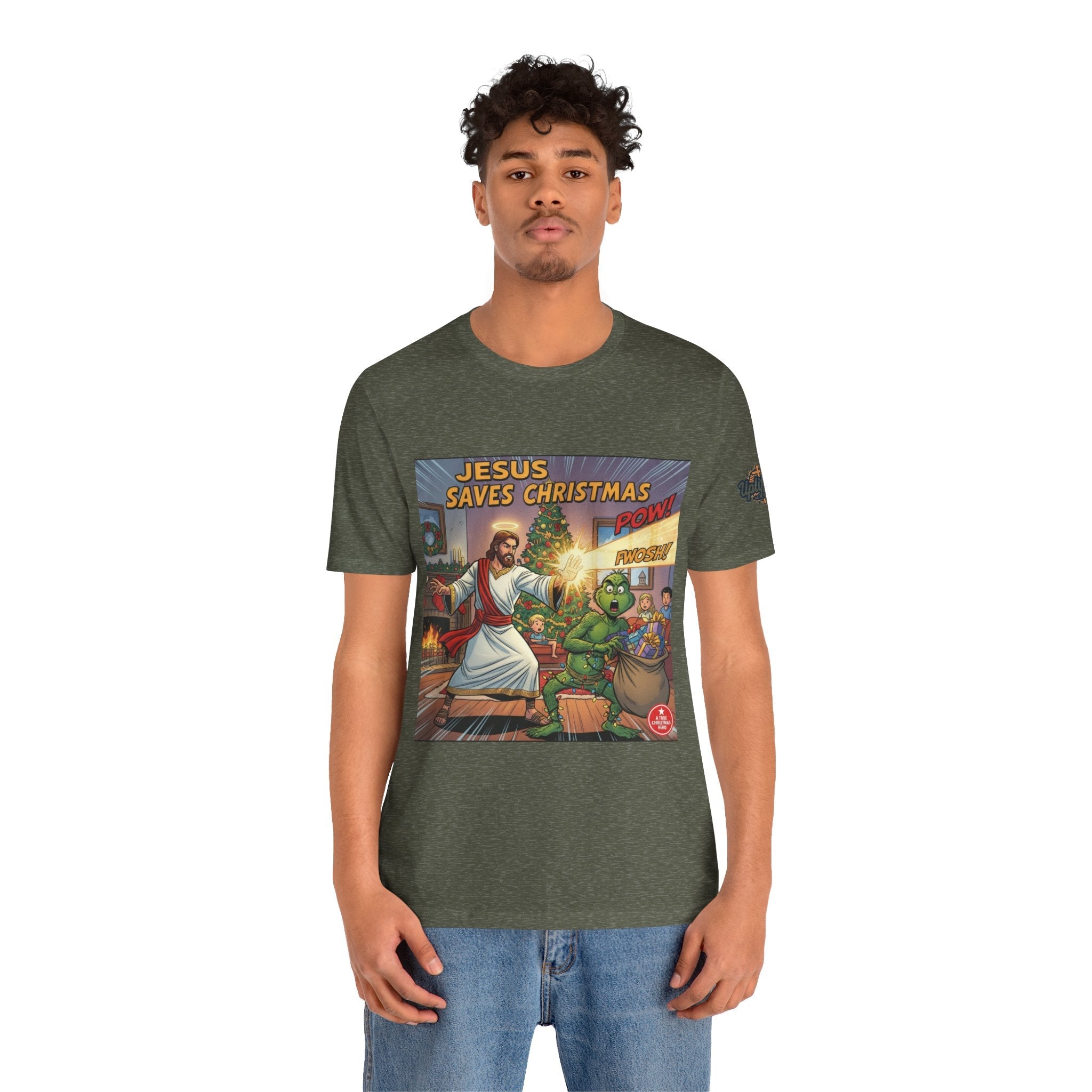 Jesus Saves Christmas T-shirt – Grinch vs Savior Light Battle Christian T-shirt for Hilarious Holiday Faith & True Joy Printify