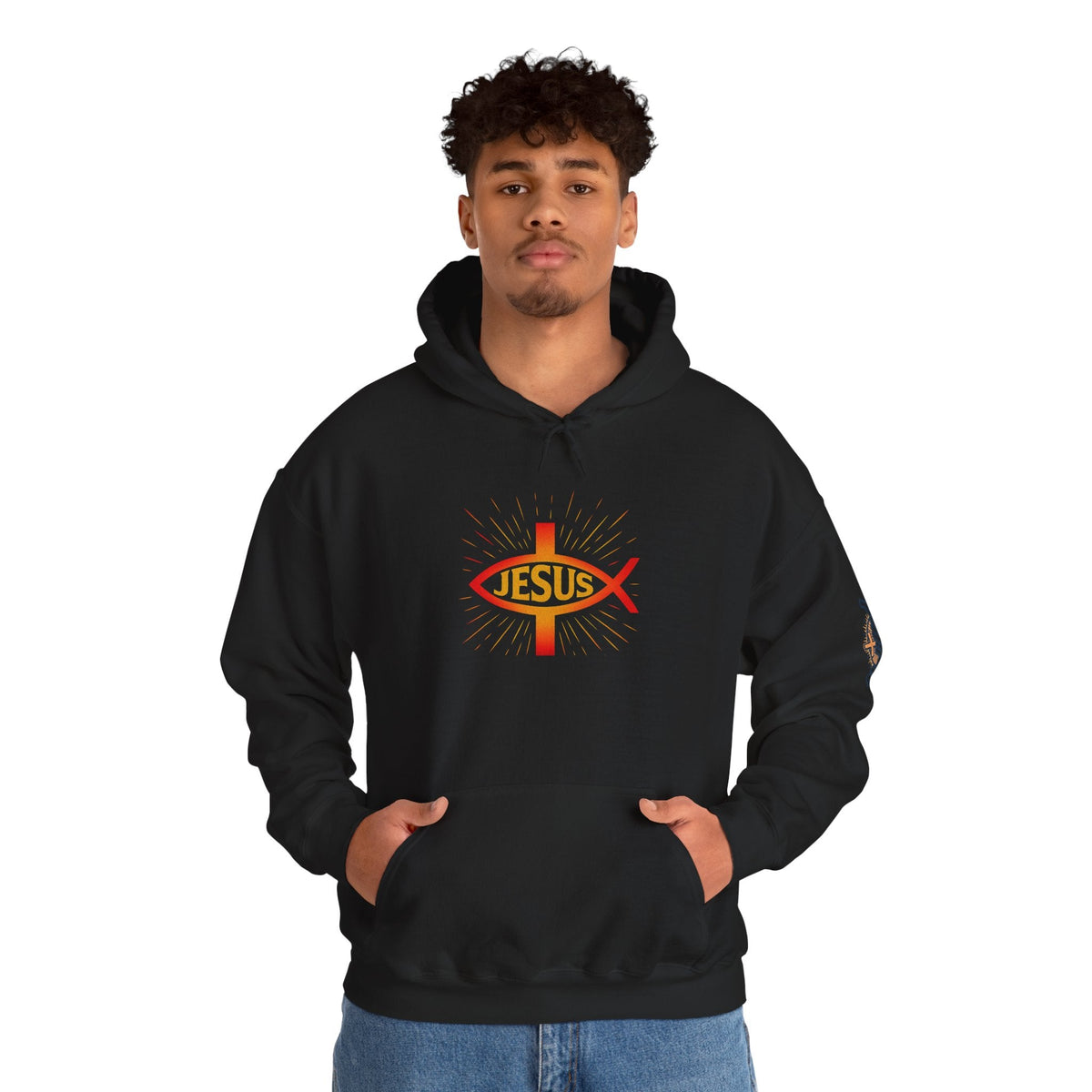 Jesus Ichthys Hoodie – Christian Fish Symbol with Cross & Jesus Inscription Sweatshirt for Eternal Faith & Streetwear Printify