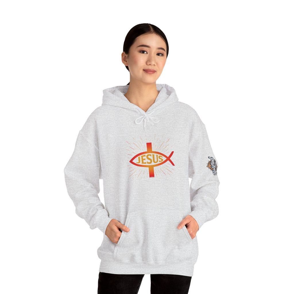 Jesus Ichthys Hoodie – Christian Fish Symbol with Cross & Jesus Inscription Sweatshirt for Eternal Faith & Streetwear Printify