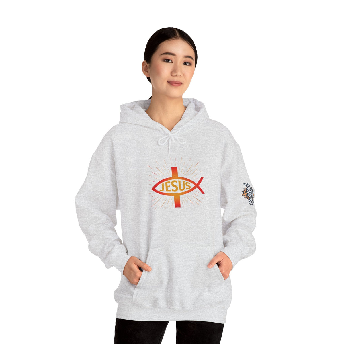 Jesus Ichthys Hoodie – Christian Fish Symbol with Cross & Jesus Inscription Sweatshirt for Eternal Faith & Streetwear Printify