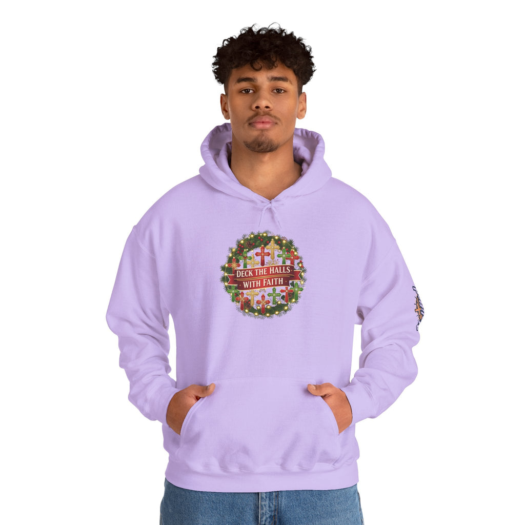 🎄 Deck the Halls with Faith – Christian Christmas Hoodie | Cross Ornament Design & Festive Garland | Bold Holiday Faith Tee by Uplifted Gear Printify