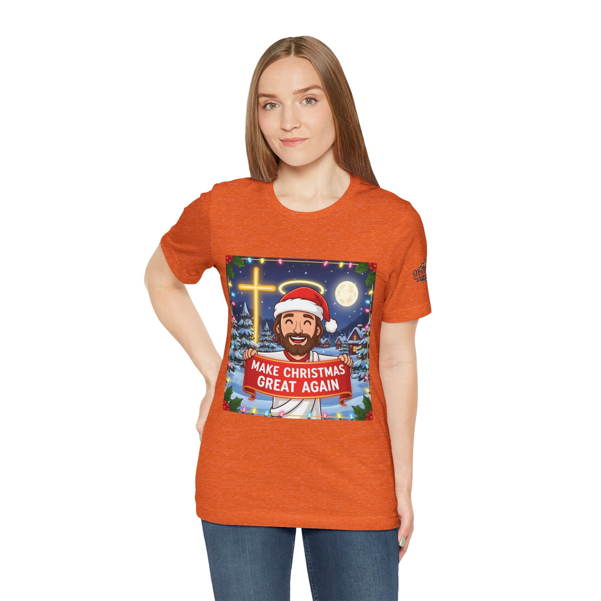 🎄 Make Christmas Great Again – Funny Christian T-Shirt | Jesus Holding Banner | Faith-Based Holiday Parody Tee | Uplifted Gear Printify