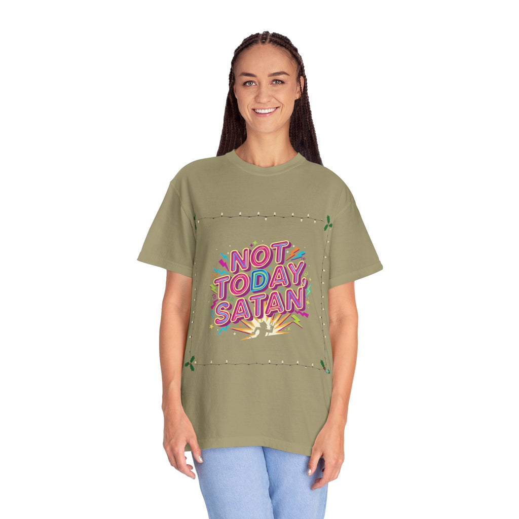 🔥 Not Today, Satan – Retro 90s Christian T-Shirt | Neon Faith Tee | Funky Cartoon Devil | Bold Bible Verse Shirt | Uplifted Gear Printify
