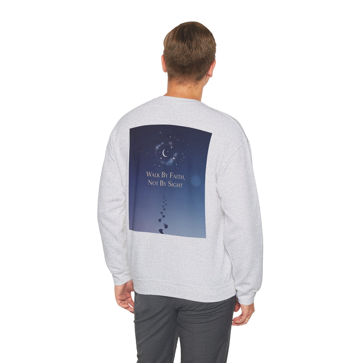 Walk by Faith, Not by Sight Sweatshirt – Moonlit Footprints Christian Sweatshirt for Cozy Nights Printify