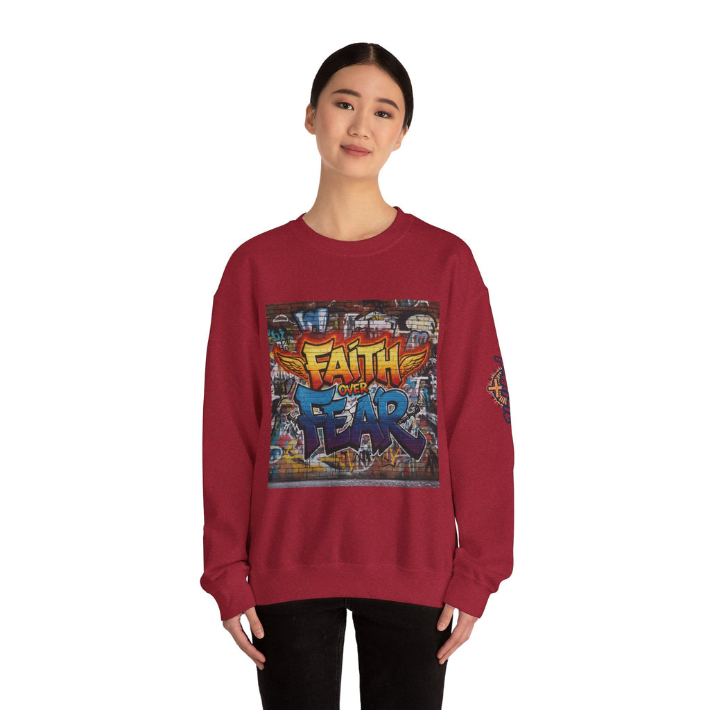 Faith Over Fear Sweatshirt – Graffiti Wall Christian Sweatshirt for Bold 2 Corinthians 5:7 Streetwear & Unshakable Faith Printify