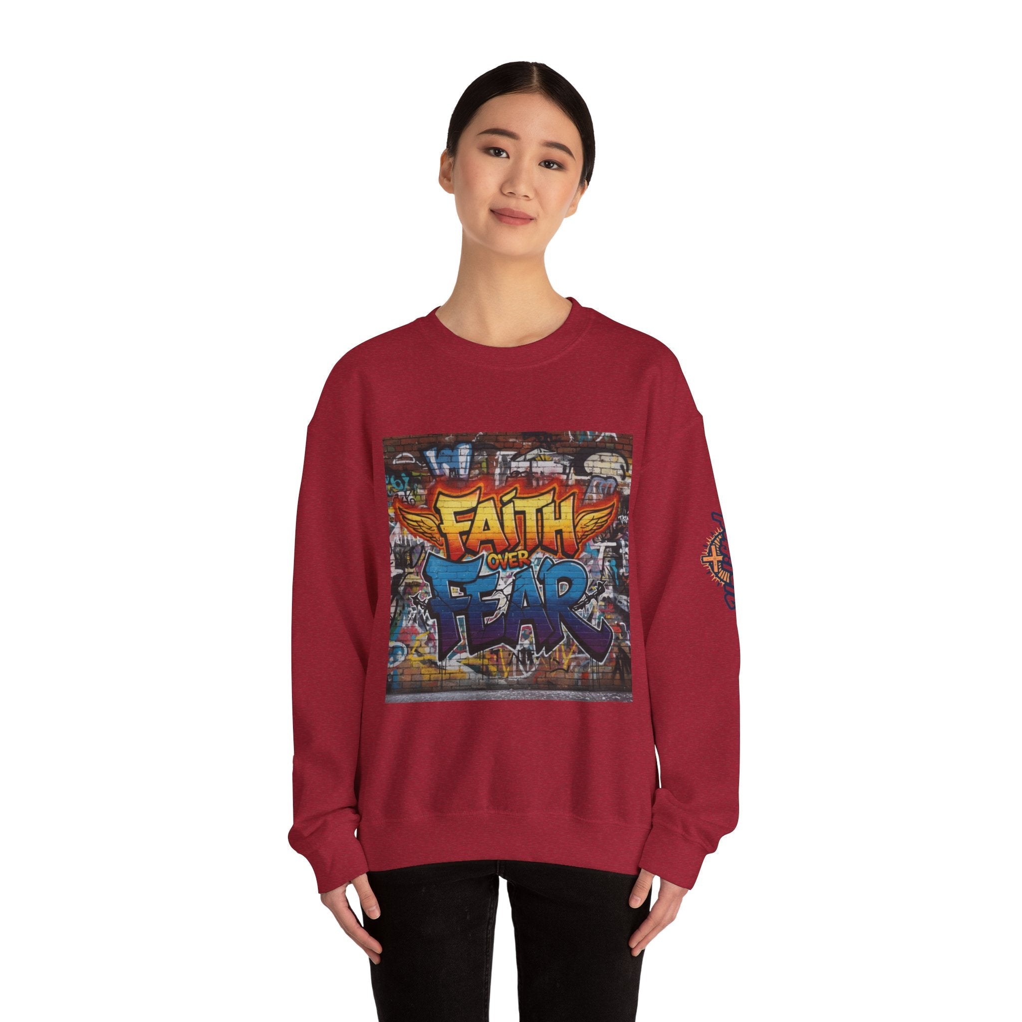 Faith Over Fear Sweatshirt – Graffiti Wall Christian Sweatshirt for Bold 2 Corinthians 5:7 Streetwear & Unshakable Faith Printify