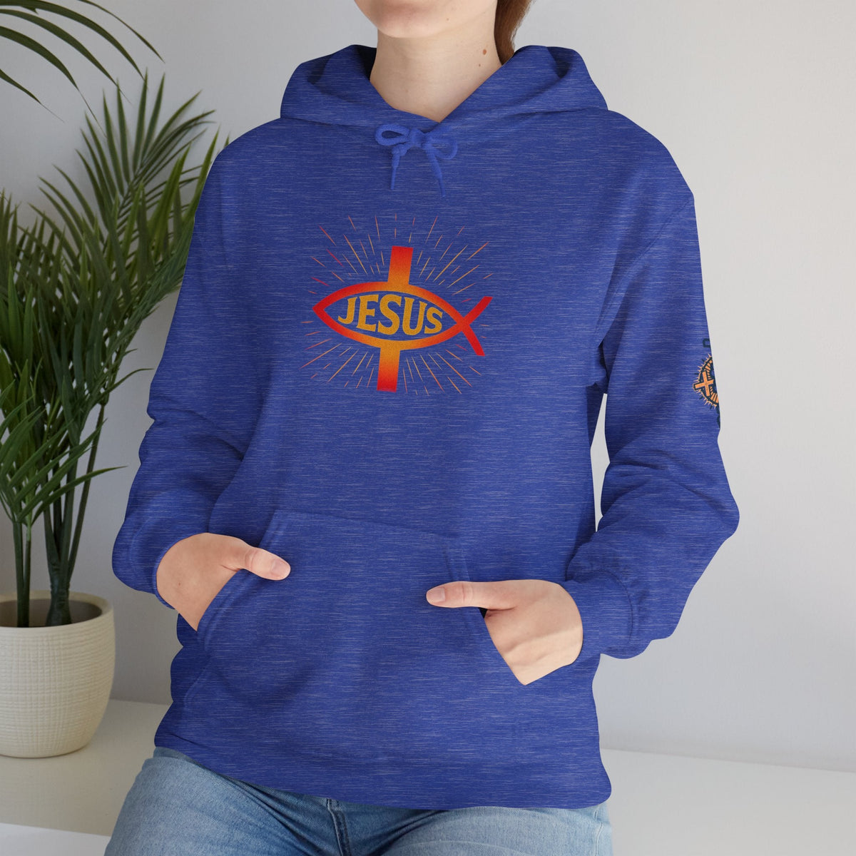 Jesus Ichthys Hoodie – Christian Fish Symbol with Cross & Jesus Inscription Sweatshirt for Eternal Faith & Streetwear Printify