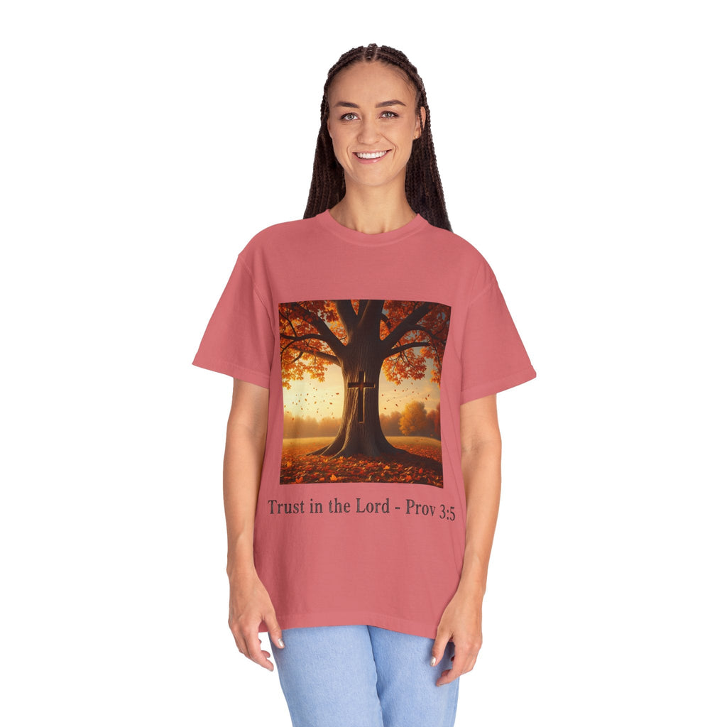 Trust in the Lord T-Shirt – Autumn Tree Christian Tee with Proverbs 3:5 Printify