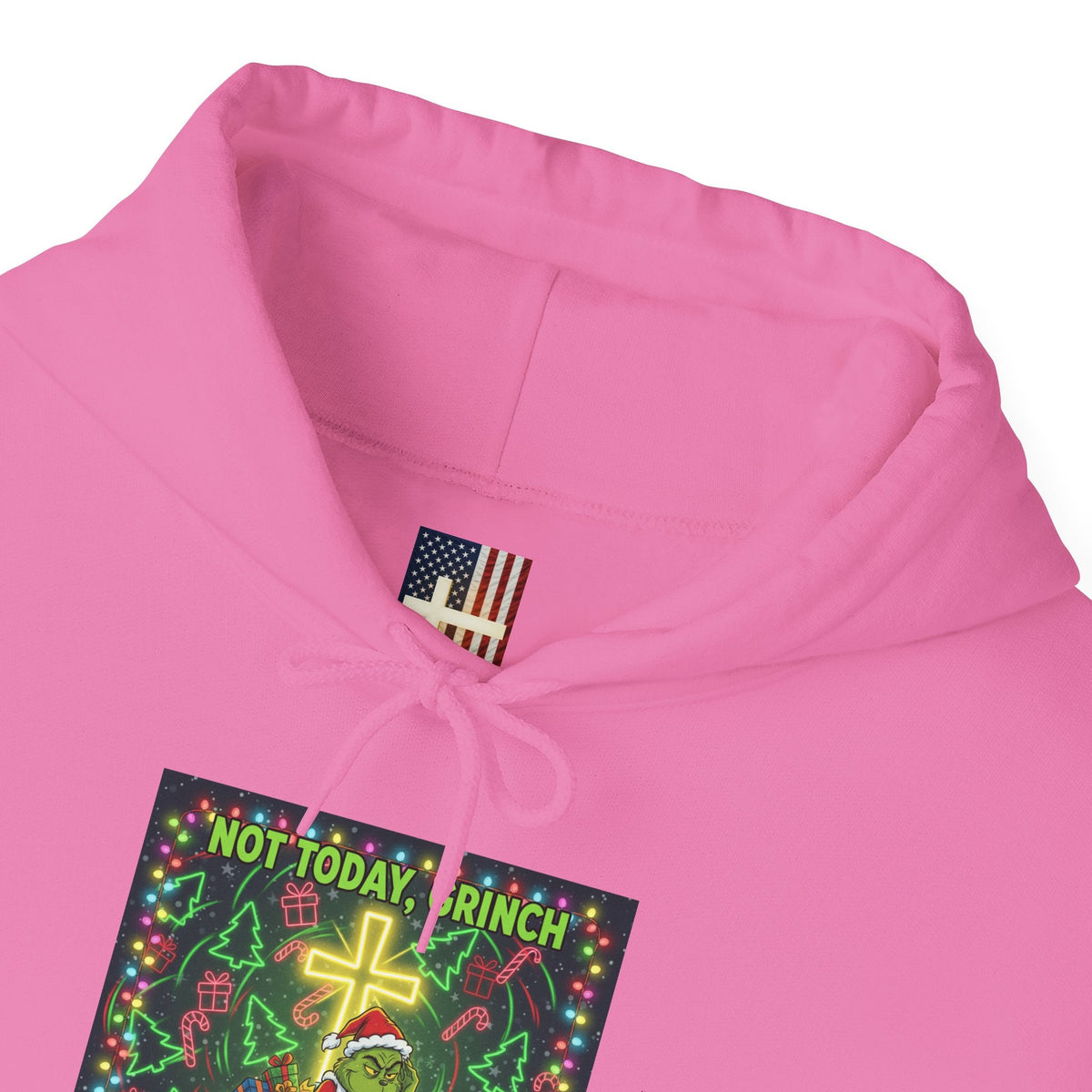🎄 Not Today, Grinch – Jesus Saves | Funny Christian Christmas Hoodie | Festive Green & Red Cartoon Style | Bold Faith Holiday Tee by Uplifted Gear Printify