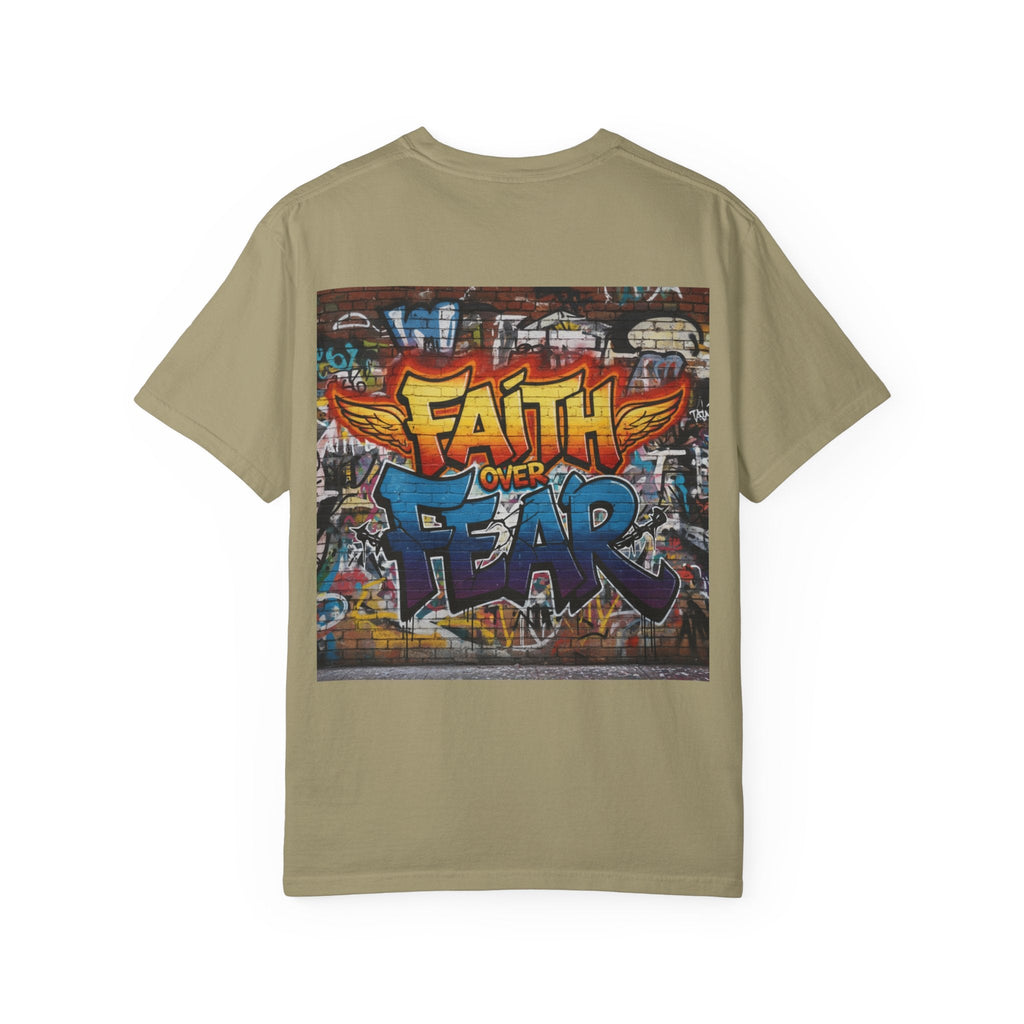 Faith Over Fear T-shirt – Graffiti Wall Christian T-shirt for Bold 2 Corinthians 5:7 Streetwear & Unshakable Faith Printify