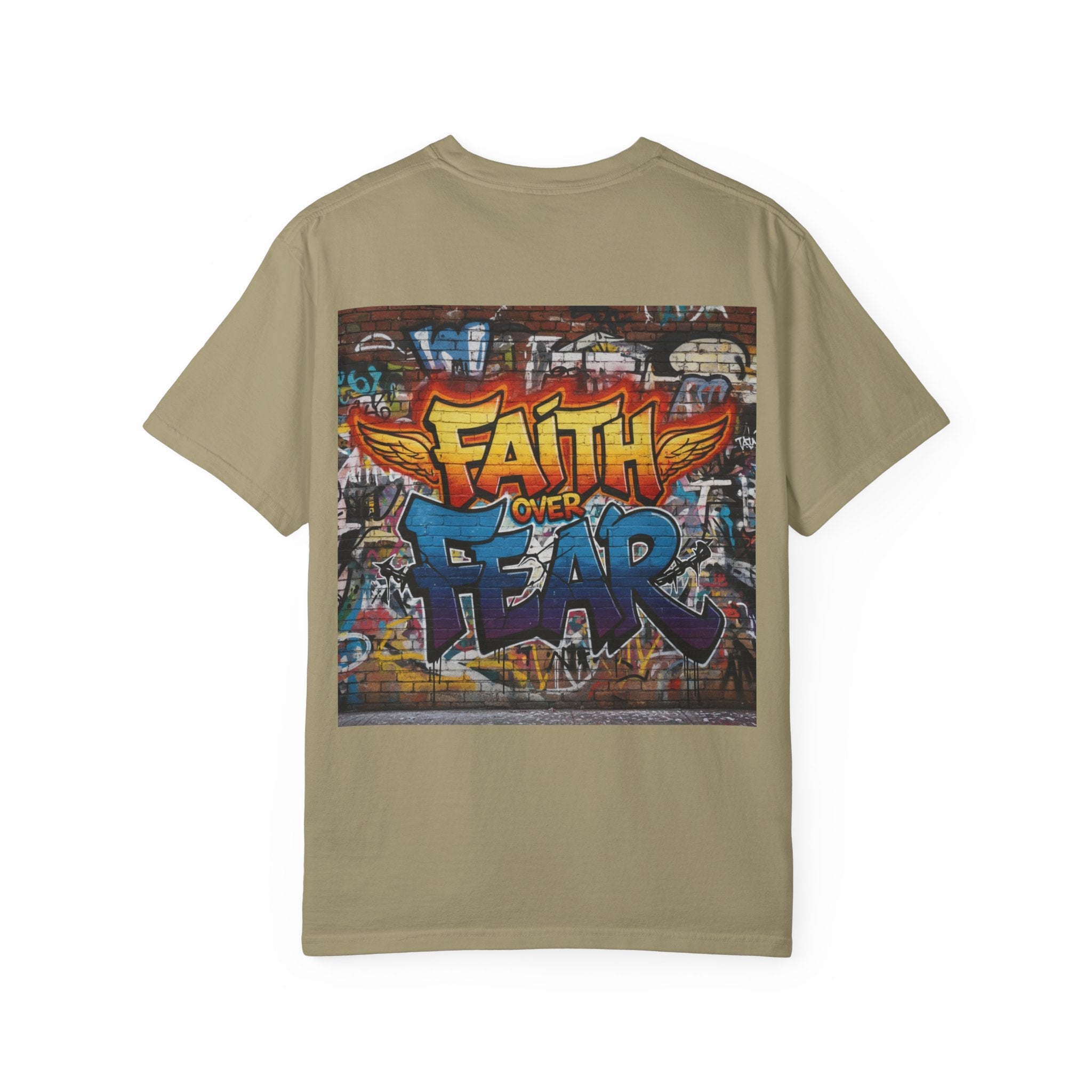 Faith Over Fear T-shirt – Graffiti Wall Christian T-shirt for Bold 2 Corinthians 5:7 Streetwear & Unshakable Faith Printify
