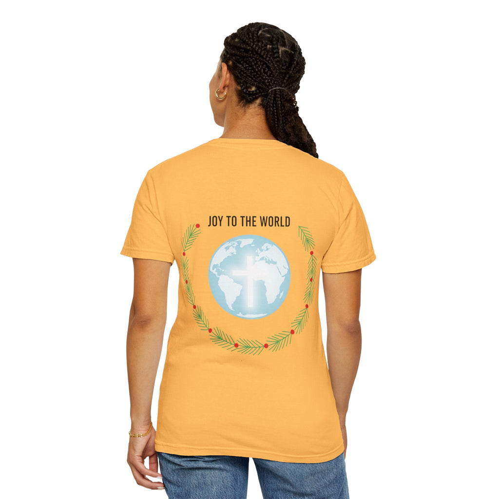 Joy to the World T-shirt – Wreath Earth Nativity Christian Christmas T-shirt for Isaiah 9:6 Holiday Faith & Festive Joy Printify
