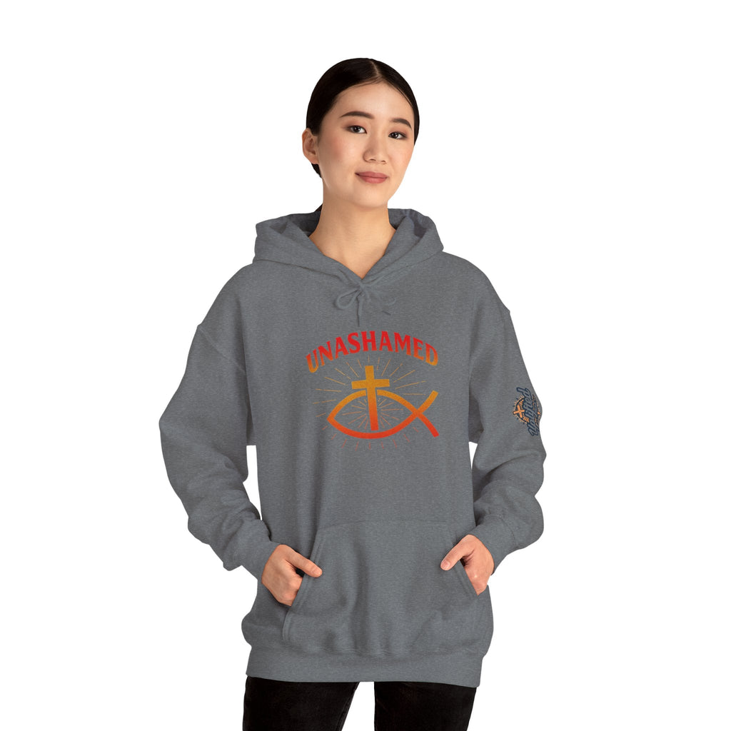 Unashamed Hoodie – Ichthys Jesus Fish & Cross Christian Sweatshirt for Romans 1:16 Bold Faith Printify