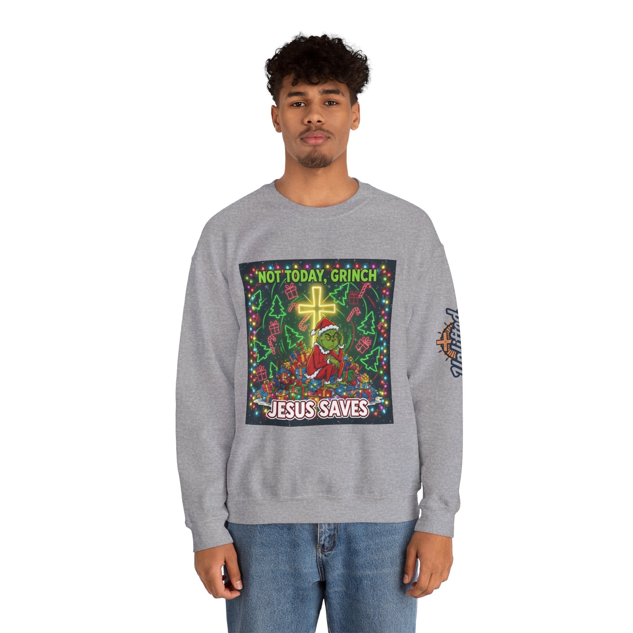 🎄 Not Today, Grinch – Jesus Saves | Funny Christian Christmas Sweatshirt | Festive Green & Red Cartoon Style | Bold Faith Holiday Tee by Uplifted Gear Printify