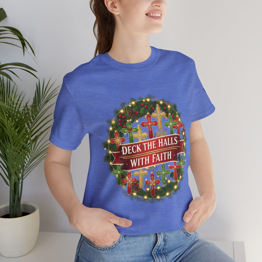 🎄 Deck the Halls with Faith – Christian Christmas T-Shirt | Cross Ornament Design & Festive Garland | Bold Holiday Faith Tee by Uplifted Gear Printify