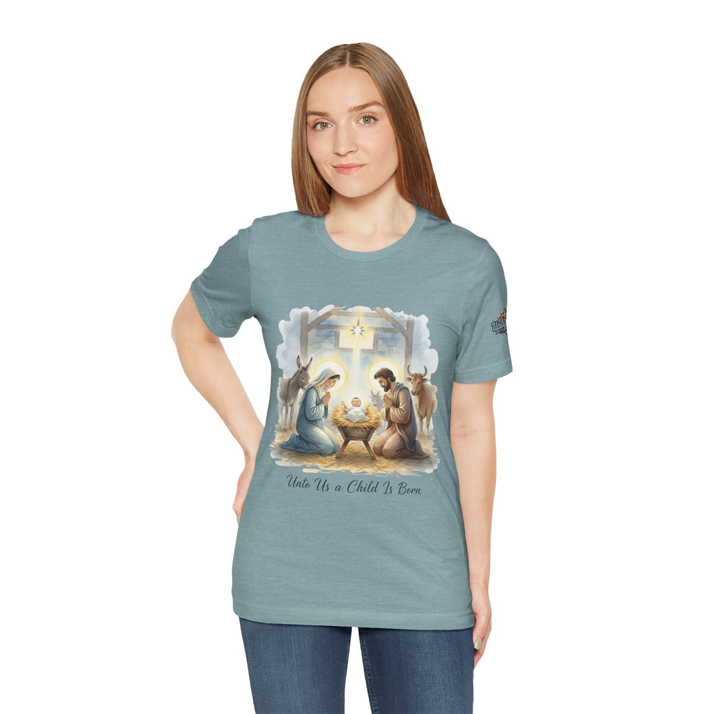 Unto Us a Child is Born T-shirt – Isaiah 9:6 Nativity Manger Scene Christian Christmas T-shirt for Holy Night Faith Printify