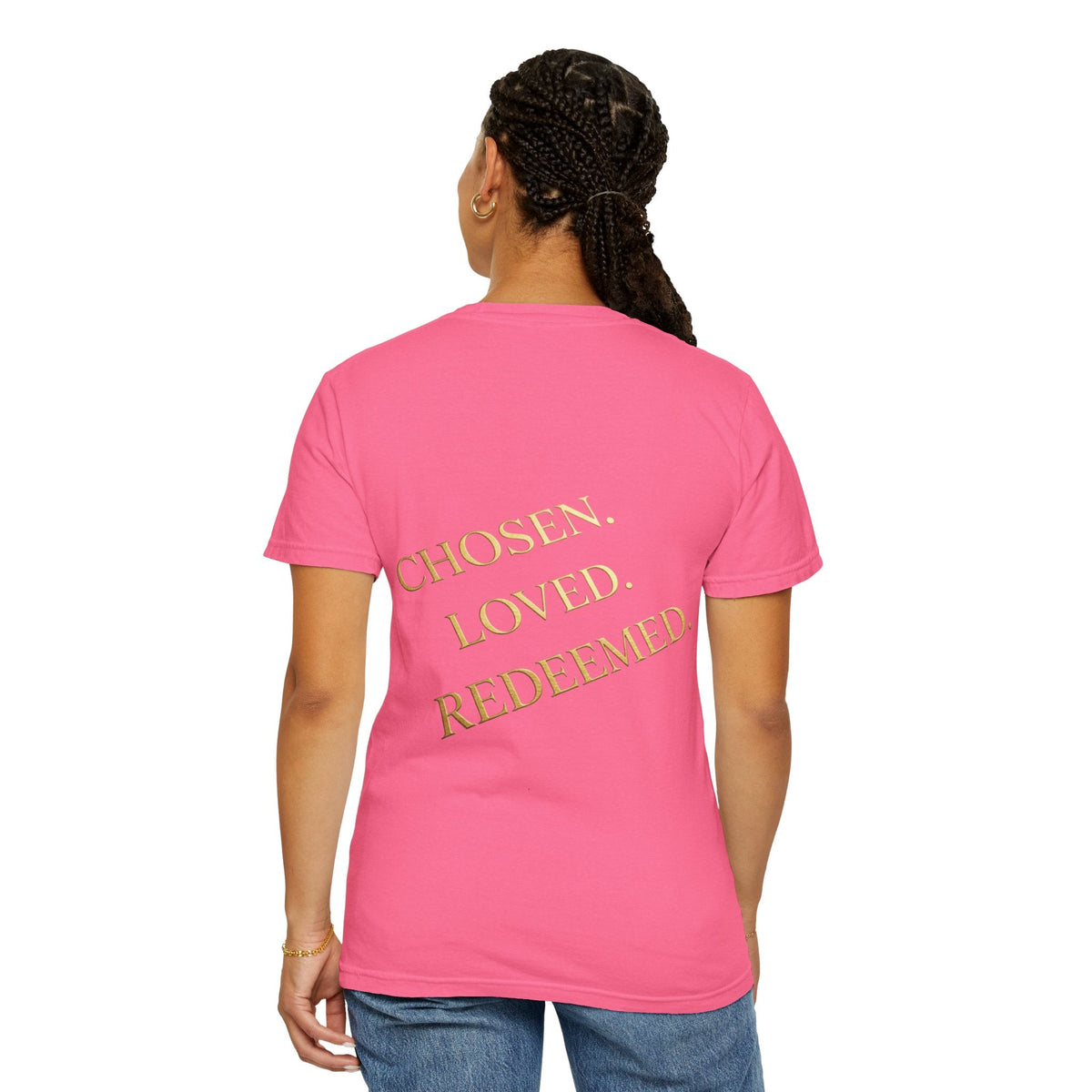 ✨ Chosen. Loved. Redeemed. – Elegant Christian T-Shirt | Gold Foil Faith Tee | Subtle Cross & Heart Design | Inspirational Bible Verse Apparel by Uplifted Gear Printify