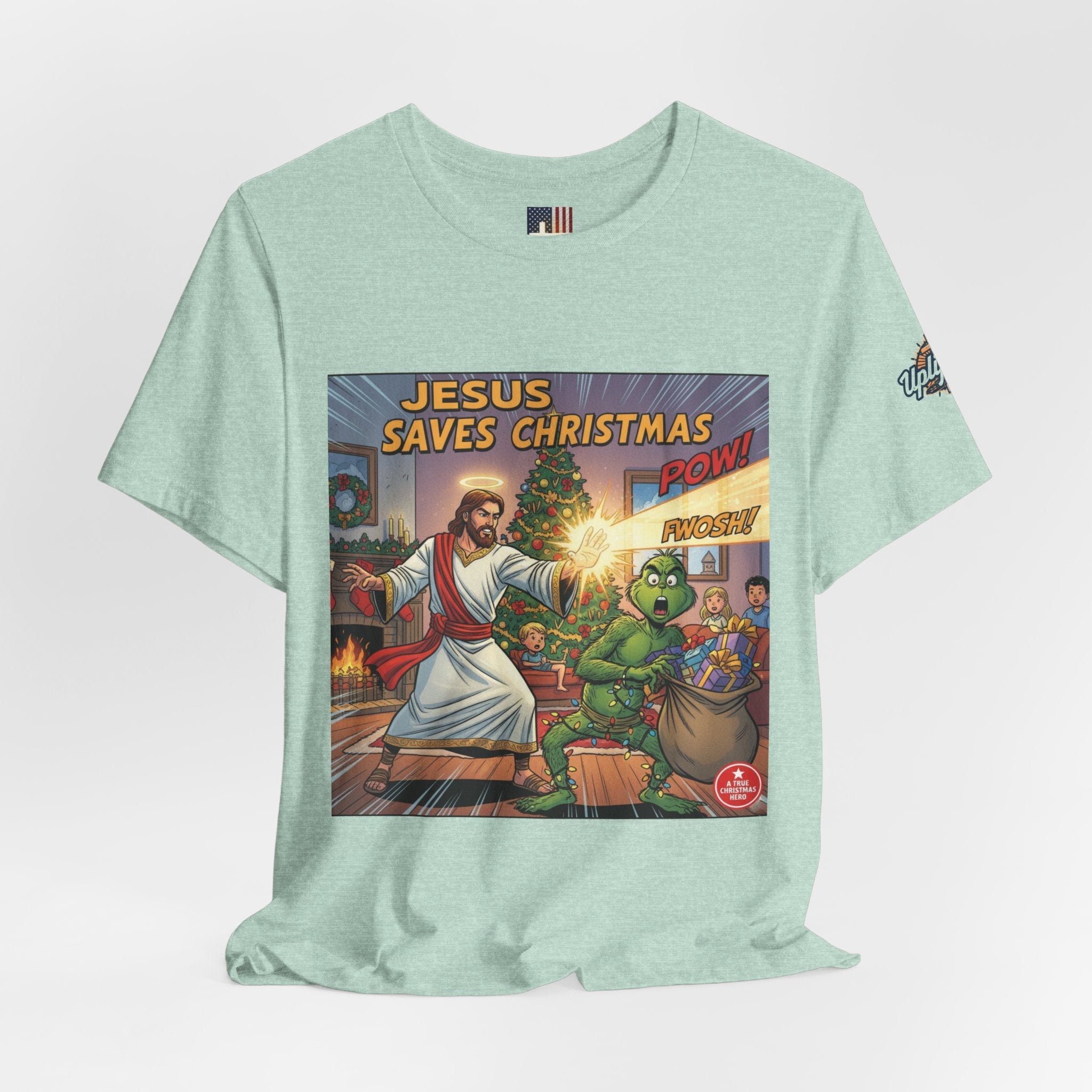 Jesus Saves Christmas T-shirt – Grinch vs Savior Light Battle Christian T-shirt for Hilarious Holiday Faith & True Joy Printify