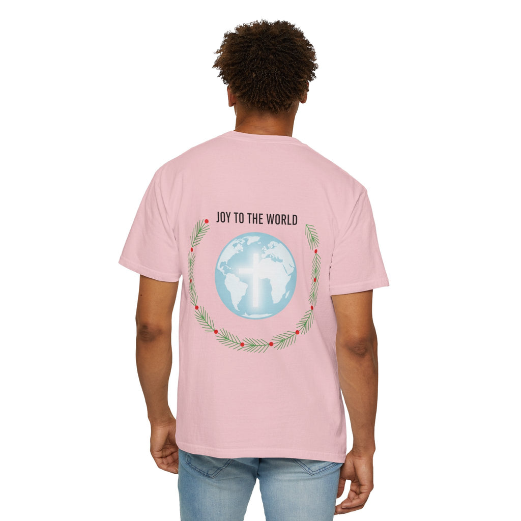 Joy to the World T-shirt – Wreath Earth Nativity Christian Christmas T-shirt for Isaiah 9:6 Holiday Faith & Festive Joy Printify