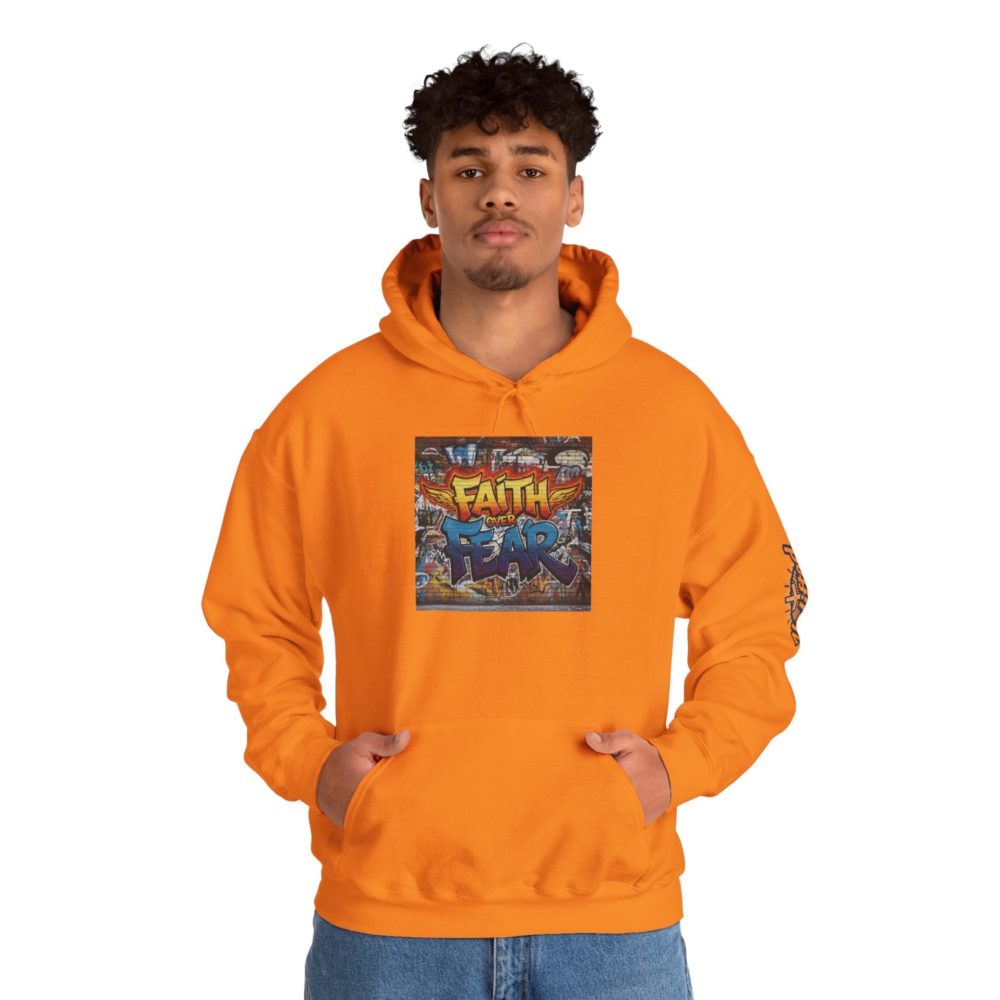 Faith Over Fear Hoodie – Graffiti Wall Christian Sweatshirt for Bold 2 Corinthians 5:7 Streetwear & Unshakable Faith Printify