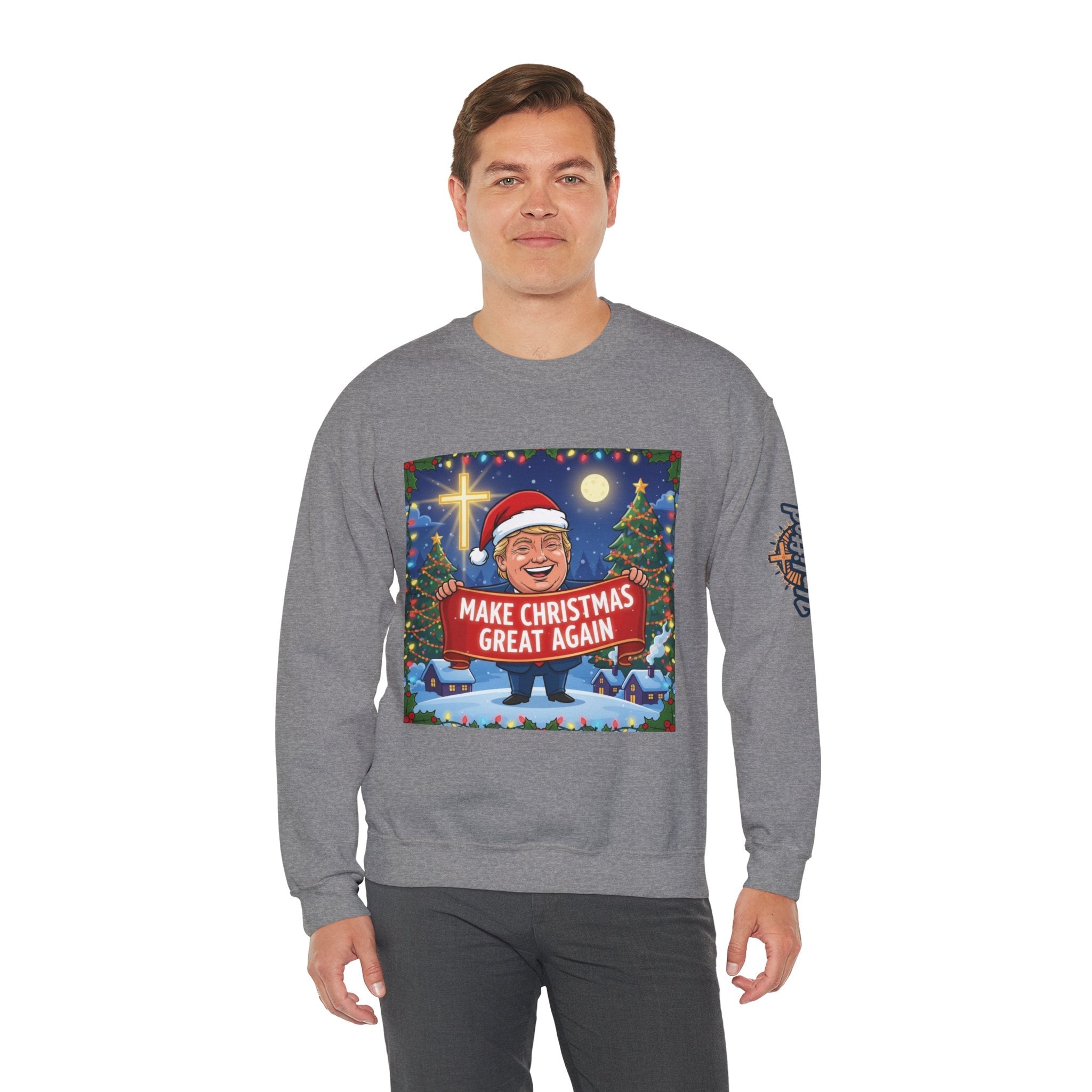 🎄 Make Christmas Great Again – Patriotic Christian Christmas Sweatshirt | Bold Holiday Faith Tee | Red & White Banner Design | Uplifted Gear Printify
