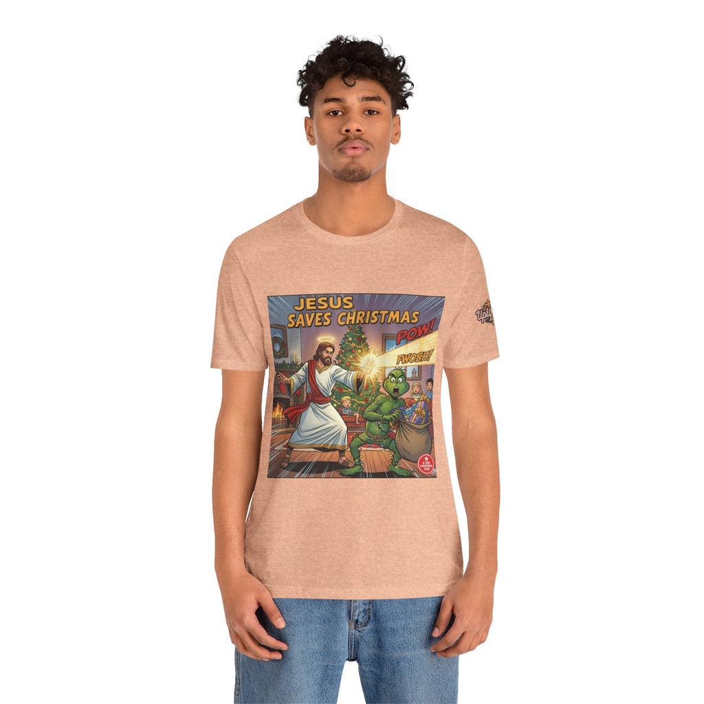 Jesus Saves Christmas T-shirt – Grinch vs Savior Light Battle Christian T-shirt for Hilarious Holiday Faith & True Joy Printify