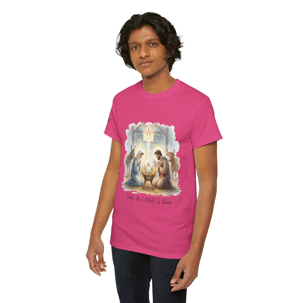Unto Us a Child is Born T-shirt – Isaiah 9:6 Nativity Manger Scene Christian Christmas T-shirt for Holy Night Faith Printify