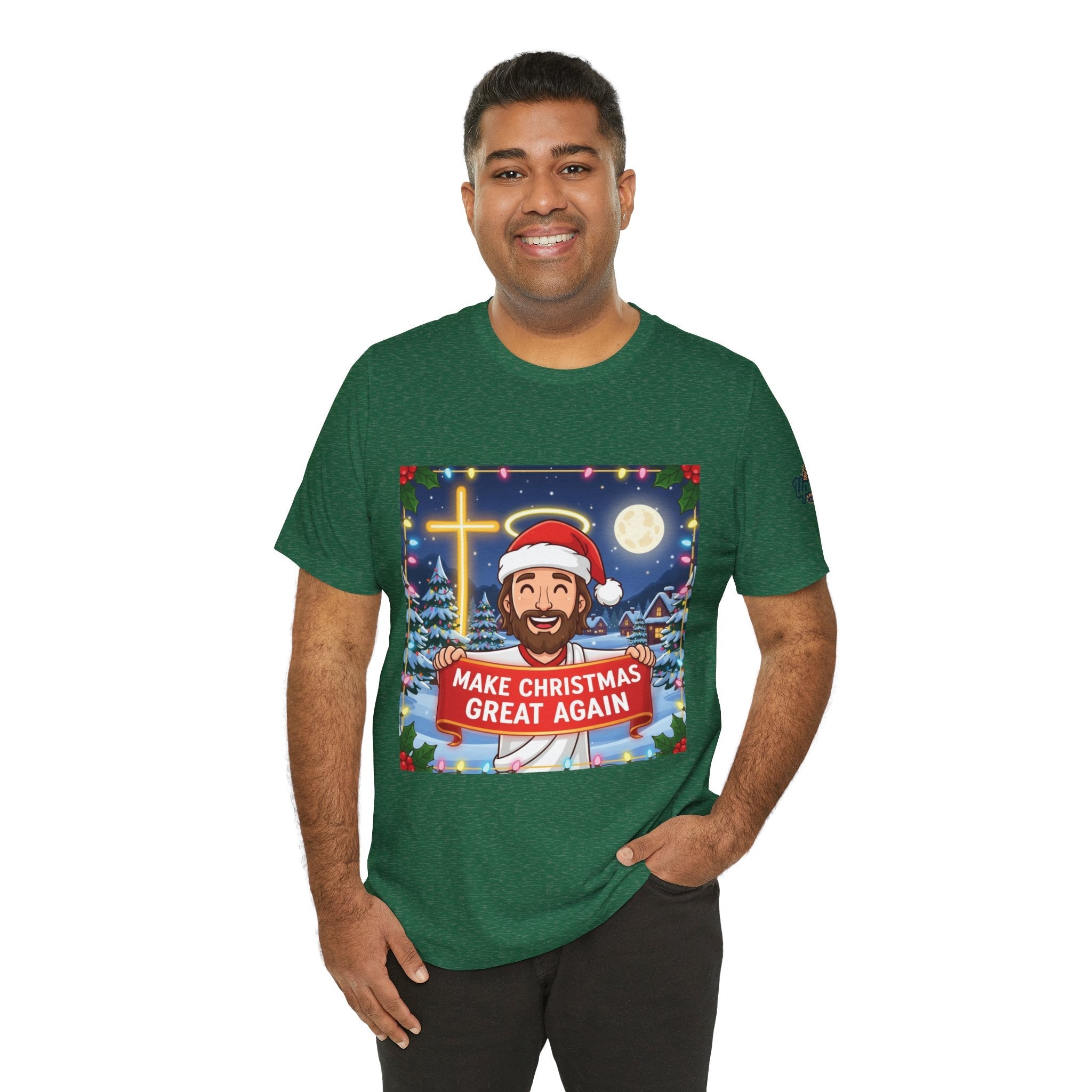 🎄 Make Christmas Great Again – Funny Christian T-Shirt | Jesus Holding Banner | Faith-Based Holiday Parody Tee | Uplifted Gear Printify