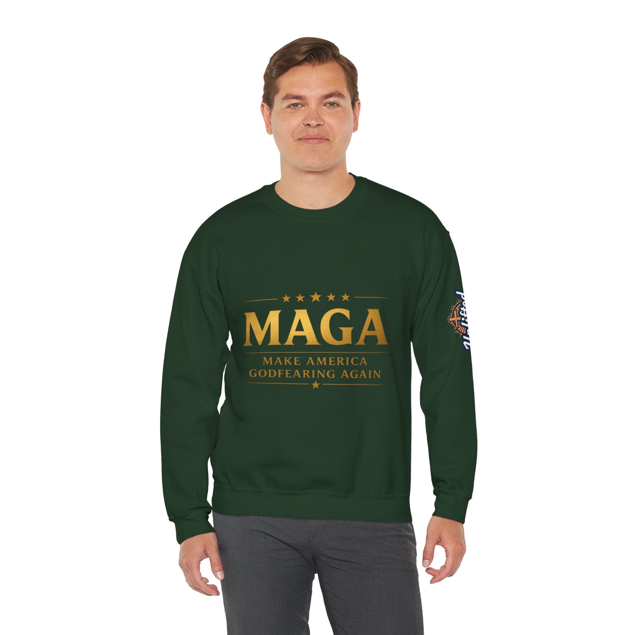 Sweatshirt — "MAGA Make America Godfearing Again" Gold Logo Crewneck Printify
