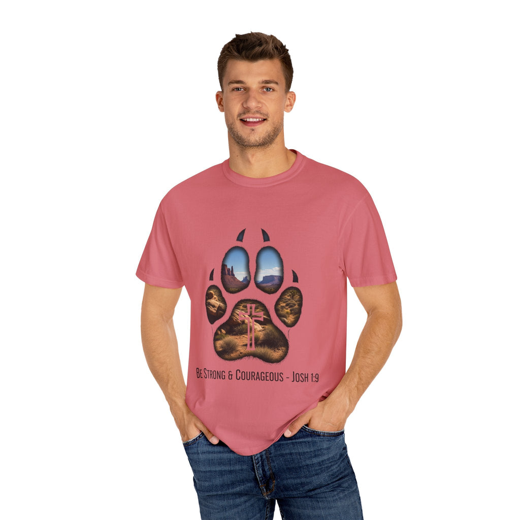 Strong and Courageous T-Shirt – Canine Pawprint Desert Joshua 1:9 Christian Tee Printify