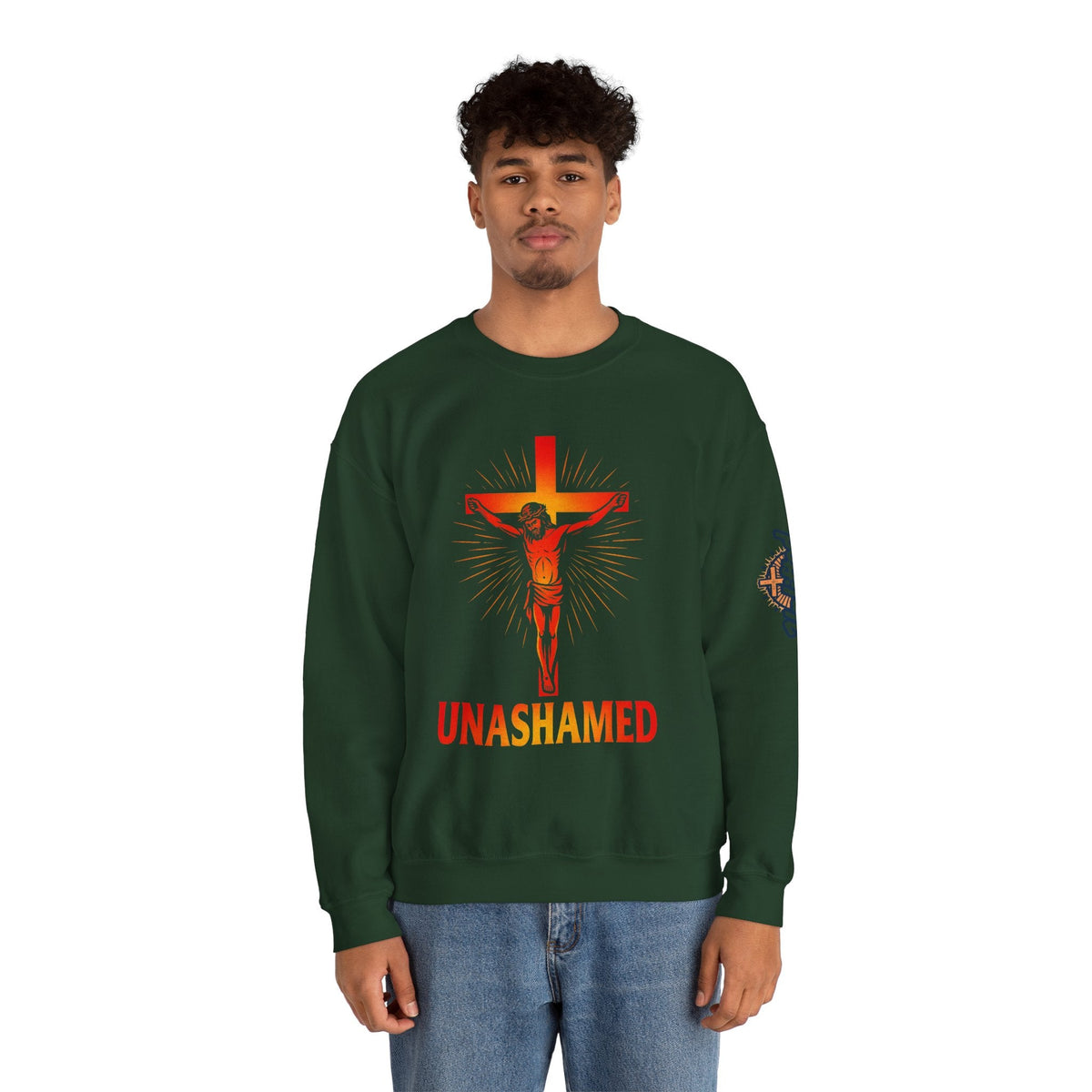 Unashamed Sweatshirt – Romans 1:16 Crucifixion Christian Sweatshirt for Bold Unwavering Faith Printify