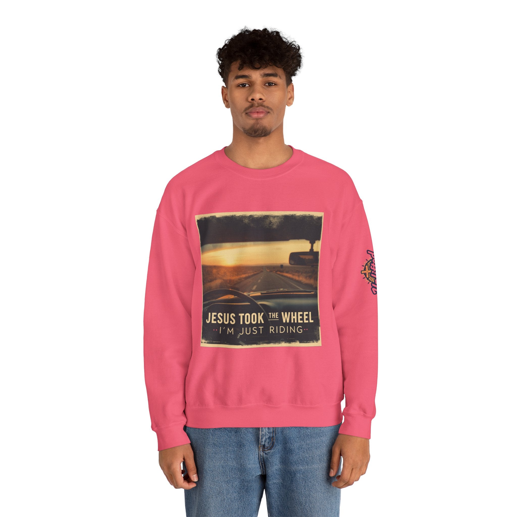 Jesus Took the Wheel I'm Just Riding Sweatshirt – Funny Christian Convertible Car Sweatshirt for Surrendered Faith & Humor