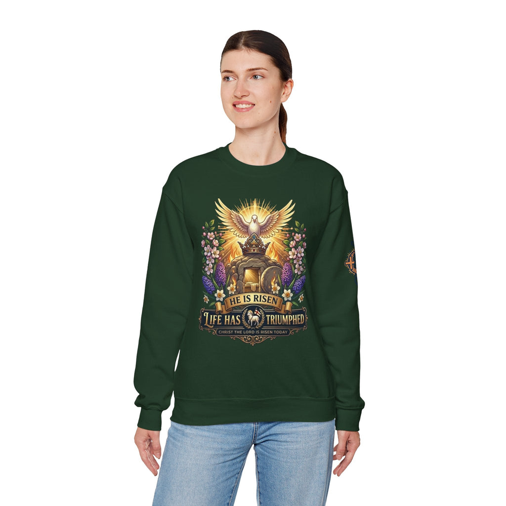 He Is Risen "Life Has Triumphed" Sweatshirt — Easter Resurrection Christian Sweatshirt Printify