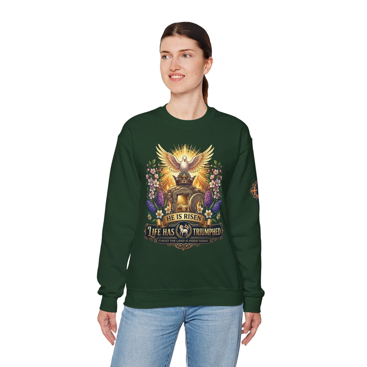 He Is Risen "Life Has Triumphed" Sweatshirt — Easter Resurrection Christian Sweatshirt Printify