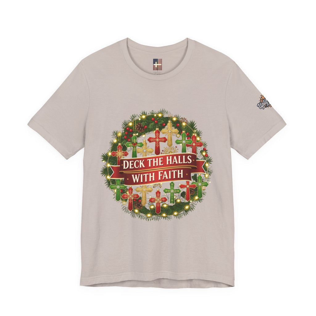 🎄 Deck the Halls with Faith – Christian Christmas T-Shirt | Cross Ornament Design & Festive Garland | Bold Holiday Faith Tee by Uplifted Gear Printify