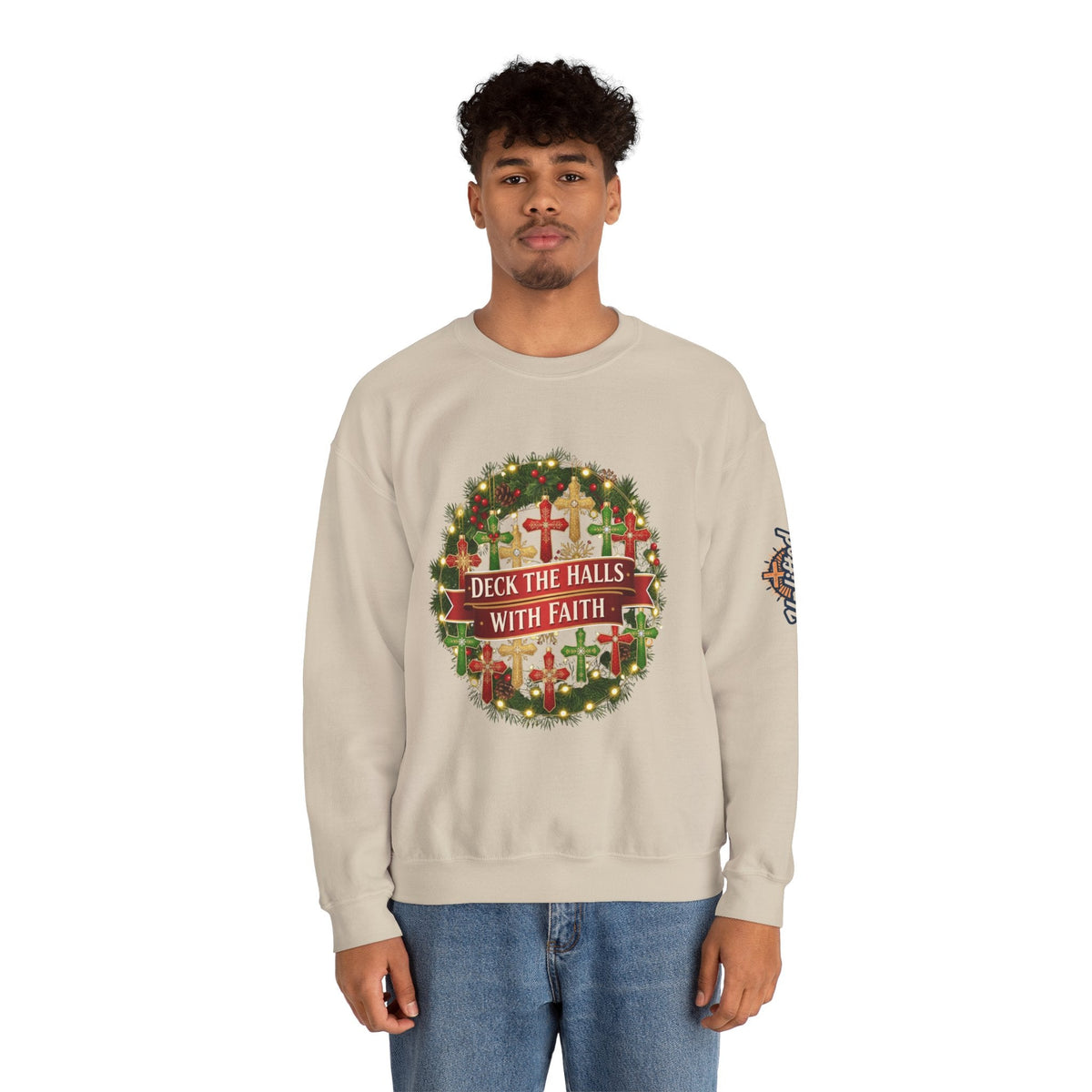 🎄 Deck the Halls with Faith – Christian Christmas Sweatshirt | Cross Ornament Design & Festive Garland | Bold Holiday Faith Tee by Uplifted Gear Printify