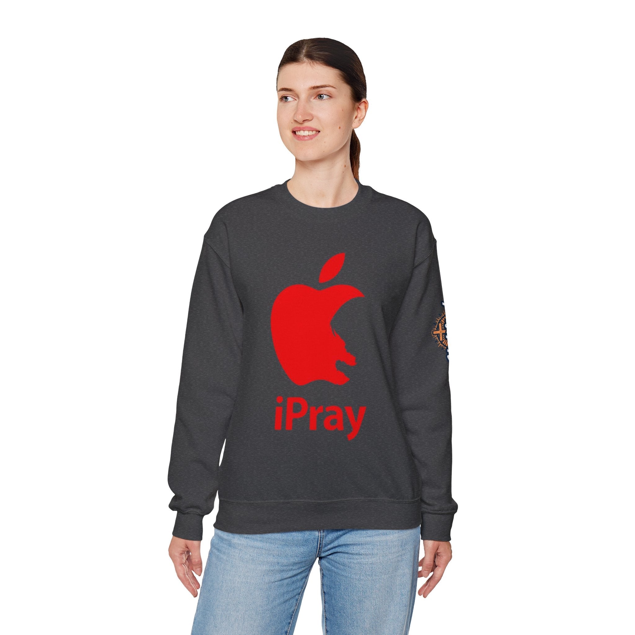 iPray Apple Logo Sweatshirt — Funny Christian Sweatshirt (Minimal Red Apple Graphic) Printify
