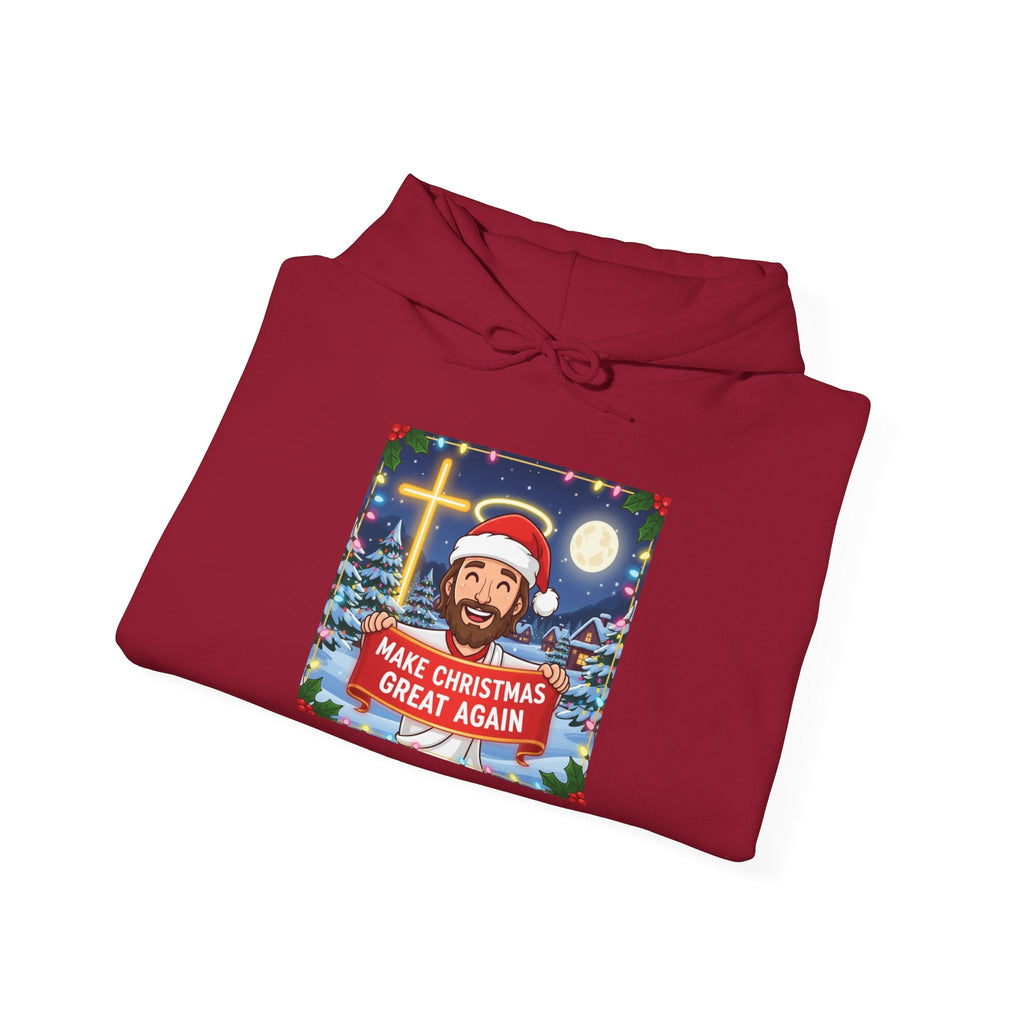 🎄 Make Christmas Great Again – Funny Christian Hoodie | Jesus Holding Banner | Faith-Based Holiday Parody Tee | Uplifted Gear Printify