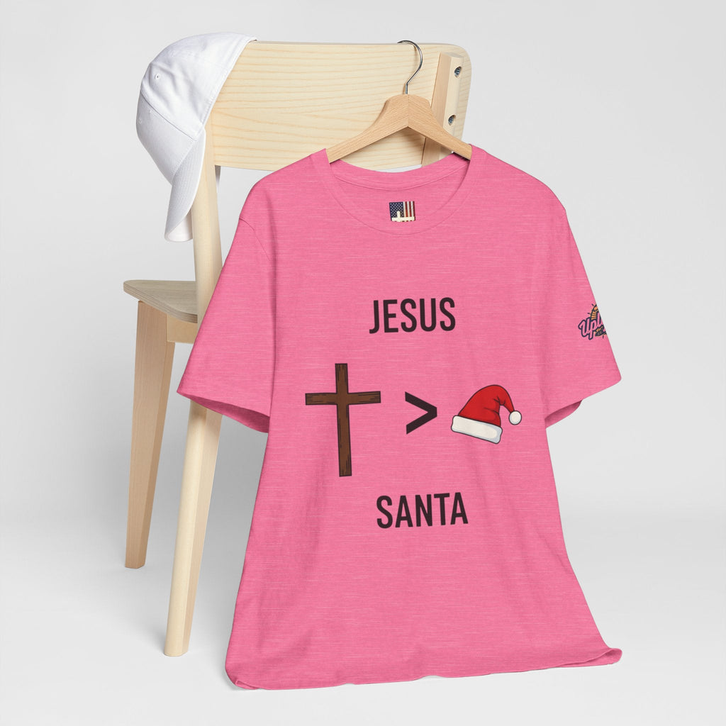 🎄 Jesus > Santa – Minimalist Christian Christmas T-Shirt | Bold Faith Over Holiday Tee | Cross vs Santa Hat Design | Uplifted Gear Printify