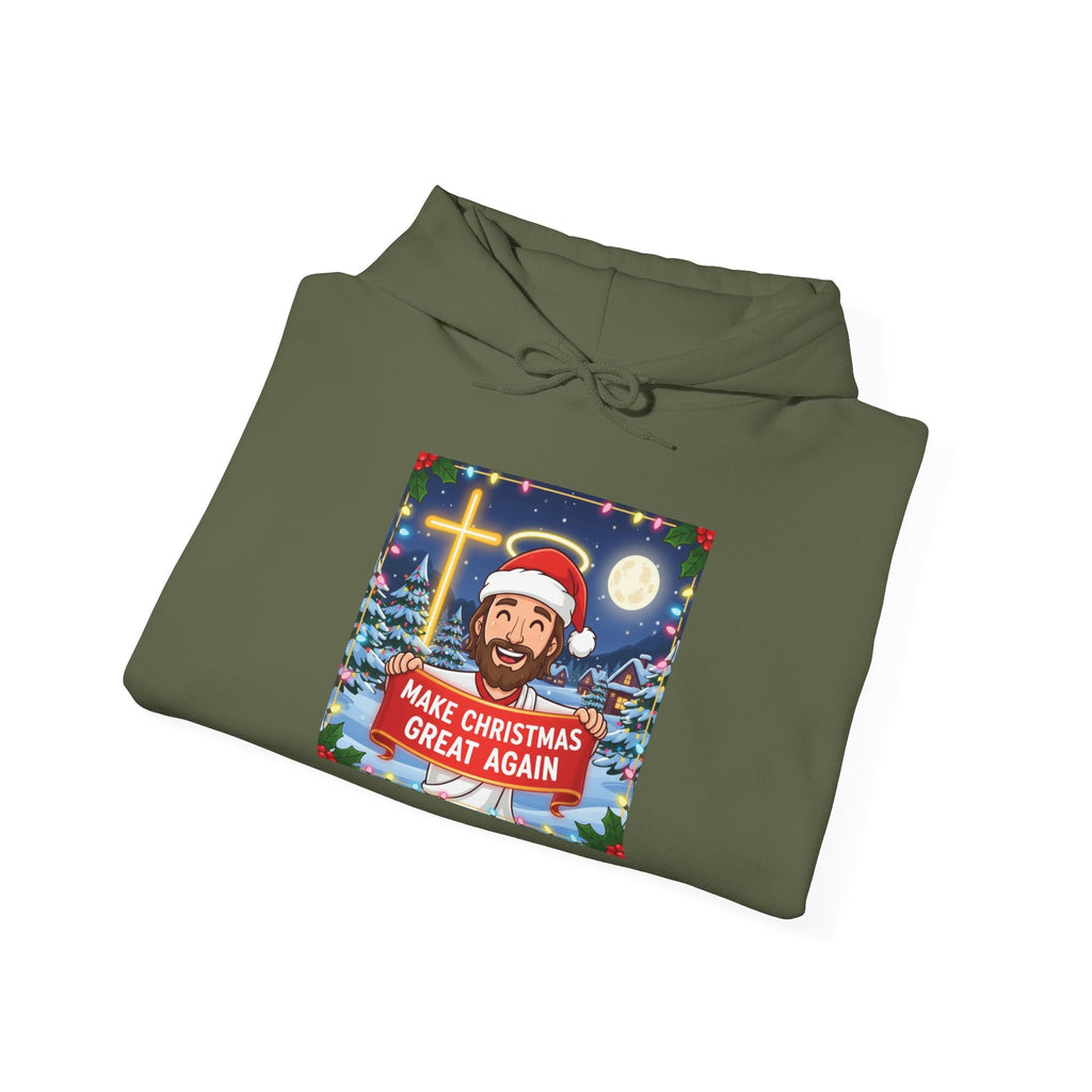 🎄 Make Christmas Great Again – Funny Christian Hoodie | Jesus Holding Banner | Faith-Based Holiday Parody Tee | Uplifted Gear Printify
