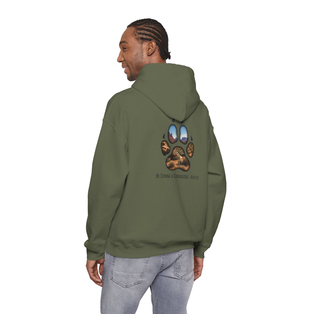 Strong and Courageous Hoodie – Joshua 1:9 Canine Pawprint Desert Christian Hoodie for Dog Lovers Printify