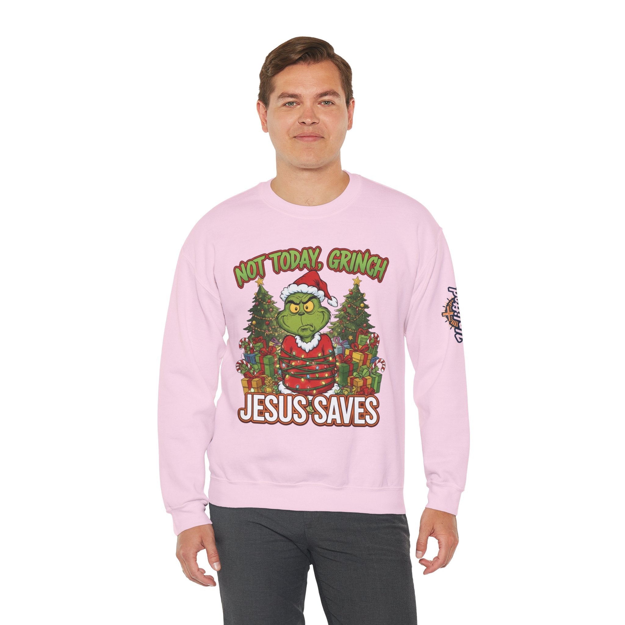 🎄 Not Today, Grinch – Jesus Saves | Funny Christian Christmas Sweatshirt | Sulking Grinch & Glowing Cross | Bold Neon Faith Tee by Uplifted Gear Printify
