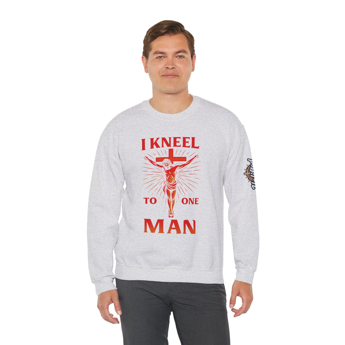 I Kneel to One Man Sweatshirt – Crucifixion Christian Sweatshirt for Unashamed Devotion & Bold Faith Printify