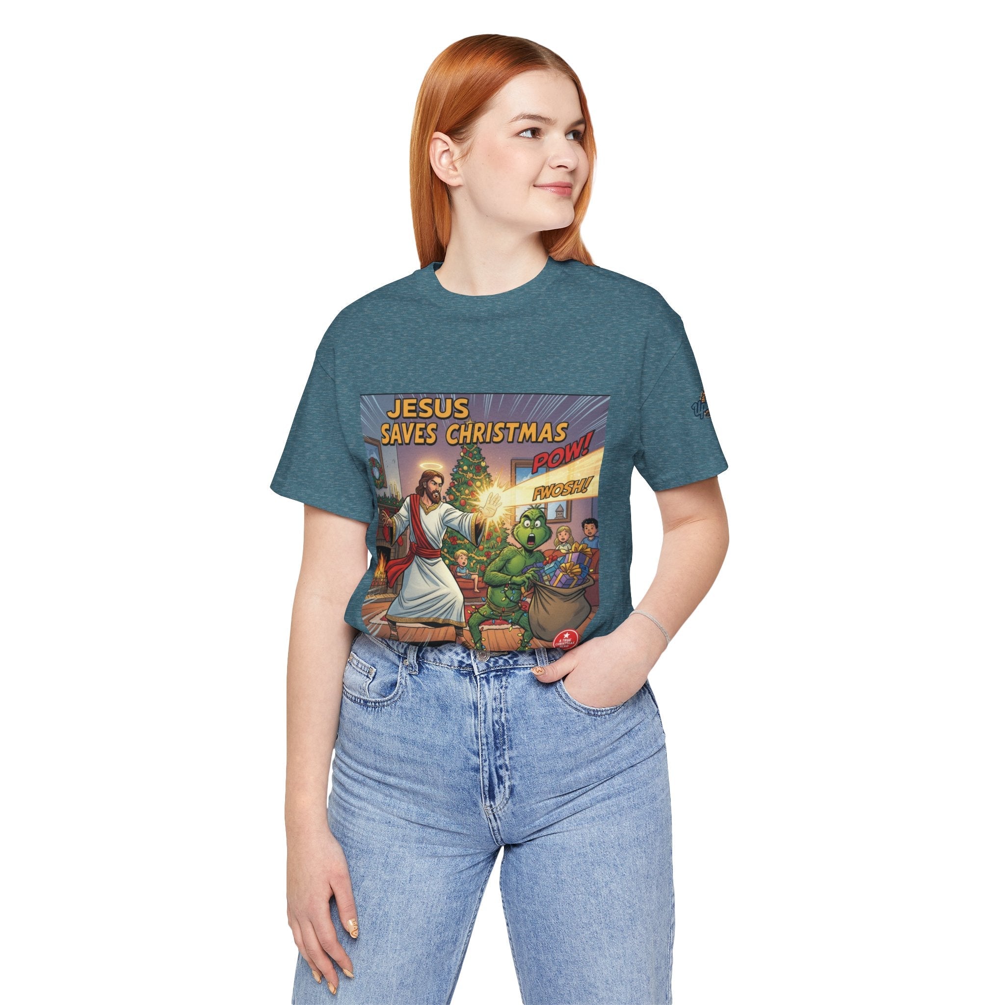 Jesus Saves Christmas T-shirt – Grinch vs Savior Light Battle Christian T-shirt for Hilarious Holiday Faith & True Joy Printify