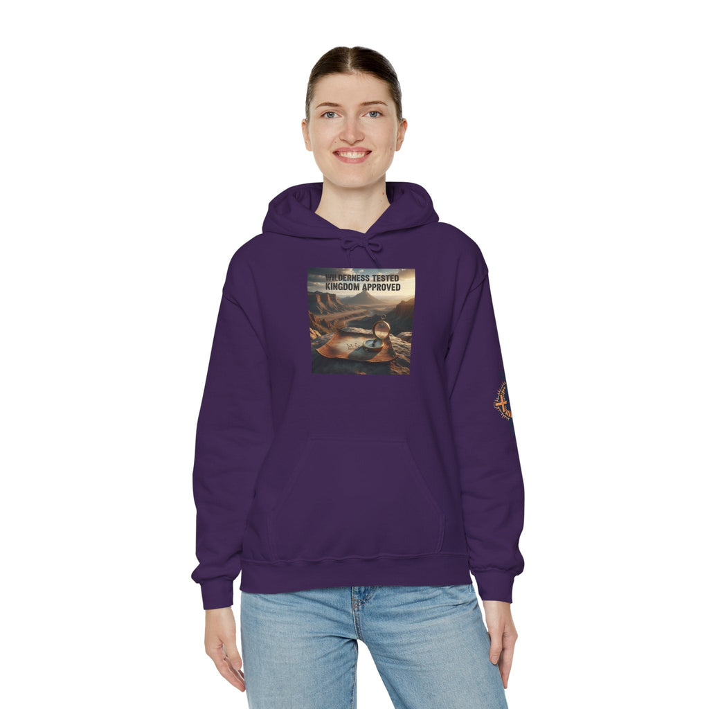 Wilderness Tested Kingdom Approved Hoodie – Mountain Desert Compass Crown Christian Sweatshirt for Biblical Adventure Faith Printify