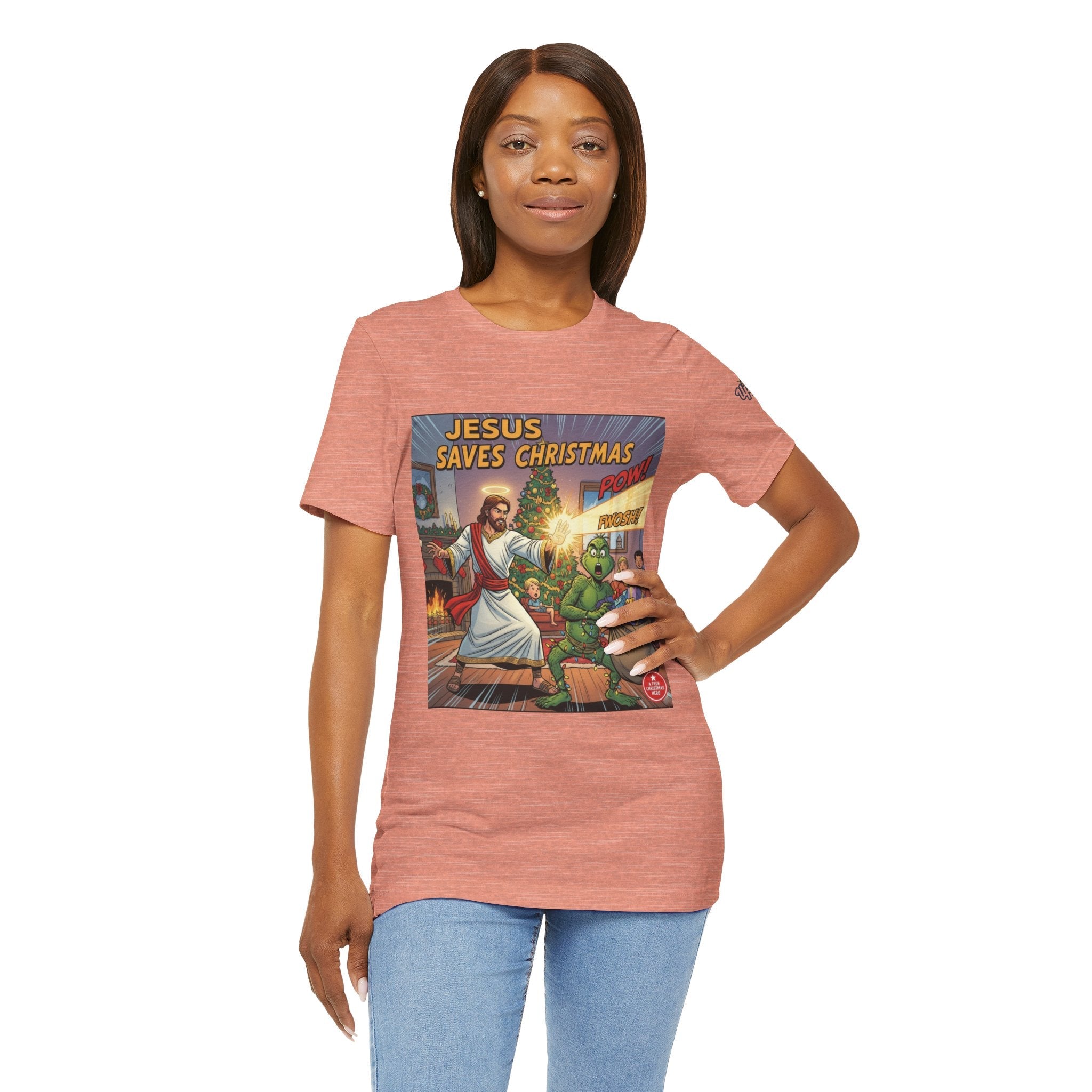 Jesus Saves Christmas T-shirt – Grinch vs Savior Light Battle Christian T-shirt for Hilarious Holiday Faith & True Joy Printify